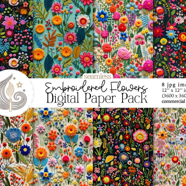 Embroidered Flowers Seamless Digital Paper | Commercial Use | Flowers Seamless Pattern | Floral Seamless Background Paper | Crafts