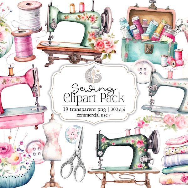 Aquarel naaien clipart | Naaimachines Clipart | Direct downloaden | Commercieel gebruik | Shabby chic | Vintage | Cottagecore | PNG