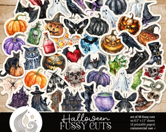 Halloween Fussy Cuts: Spooky Printable Ephemera Pack in Dark Watercolor Style