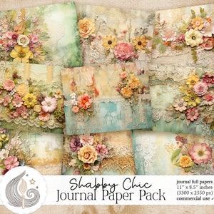 Shabby chic papieren pakket | Benodigdheden voor ongewenste tijdschriften | Vintage kant botanische bloemenachtergronden | Afdrukbaar dagboekpapier | Plakboeken