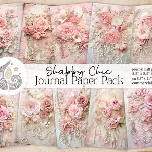 Shabby Chic Junk Journal-pagina's | Roze rozen | Parels | Kant | Afdrukbare dagboekpapierkit | Digitale download | Plakboekbenodigdheden