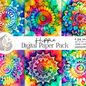 Hippie Digital Paper | Rainbow Watercolor Tie Dye Mandala Digital Paper | Boho Digital Paper | Hippie Backgrounds | Commercial Use