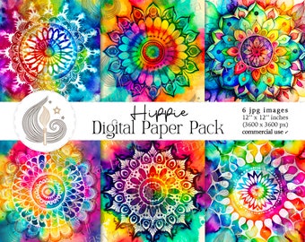 Hippie Digital Paper | Rainbow Watercolor Tie Dye Mandala Digital Paper | Boho Digital Paper | Hippie Backgrounds | Commercial Use