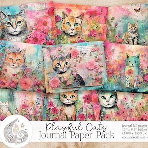 Papiers indésirables pour le journal des chats ludiques | Chats floraux de jardin printanier colorés fantaisistes | Fournitures de journalisation | Scrapbooking | Collage