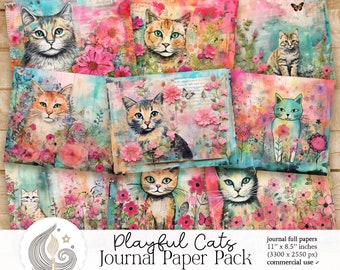 Playful Cats Junk Journal Papers: Colorful Feline Art Backgrounds with Blossoms