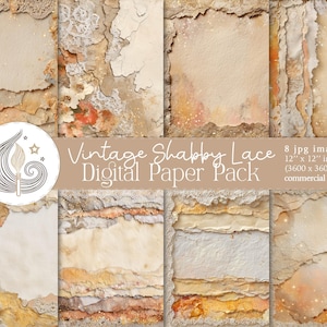 Könnte beinhalten: Eine Sammlung von acht digitalen Papierbildern im Vintage-, Shabby- und Spitzen-Stil. Die Papiere weisen ein verwittertes, geschichtetes Design in neutralen Tönen von Beige, Creme und Braun auf, akzentuiert mit Spitzendetails. Jedes Bild misst 30.48 cm x 30.48 cm.
