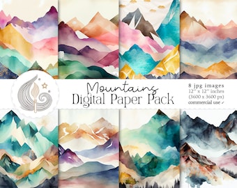 Mountains Digital Paper Pack: Watercolor Landscape Backgrounds in Soft Earth Tones