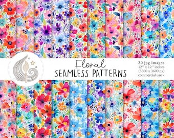 May include: 20 digital seamless patterns featuring watercolor floral designs in bright colors like pink, blue, yellow, and orange. Each pattern is 12 inches by 12 inches and 3600 pixels by 3600 pixels.