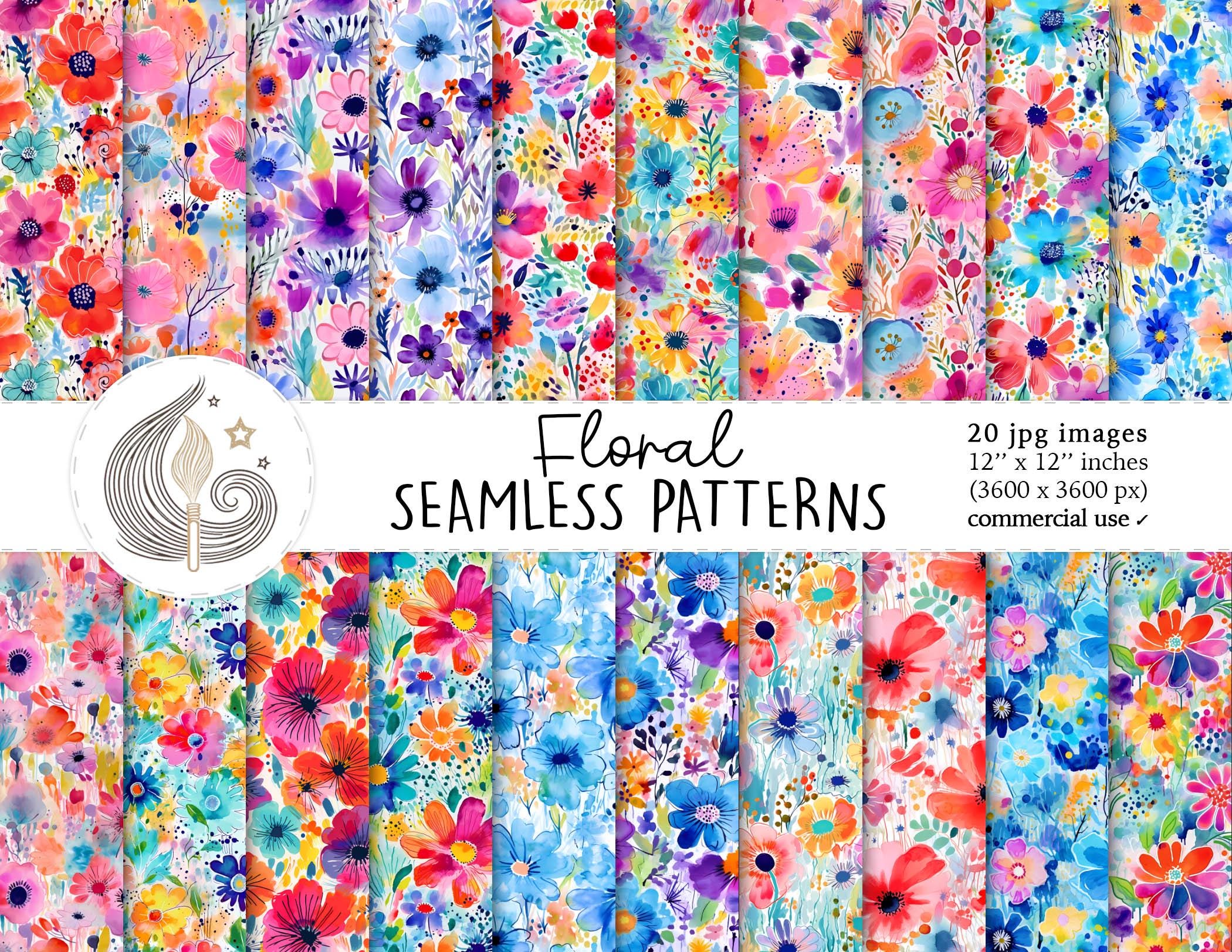 Floral Seamless Patterns: Bright Watercolor Flower Digital Paper Pack ...