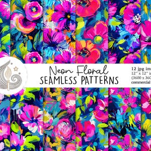 May include: Vibrant neon floral seamless patterns in a variety of designs. The patterns feature bright pink, yellow, and blue flowers. The image includes the text "Neon Floral SEAMLESS PATTERNS" and "12 jpg images 12" x 12" inches (3600 x 3600 px) commercial use".