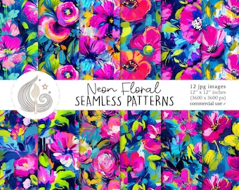 Neon Floral Seamless Patterns: Bold Painterly Digital Paper Pack in Bright Vibrant Colors