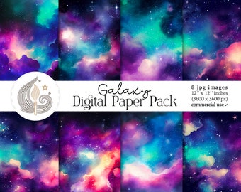 Galaxy Digital Paper Pack: Cosmic Nebula Backgrounds in Deep Vibrant Watercolor Tones