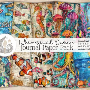 Pagine di diario Whimsical Ocean Junk / Carte stampabili con vita marina vibrante / Kit collage digitale / Effimere nautiche per scrapbooking