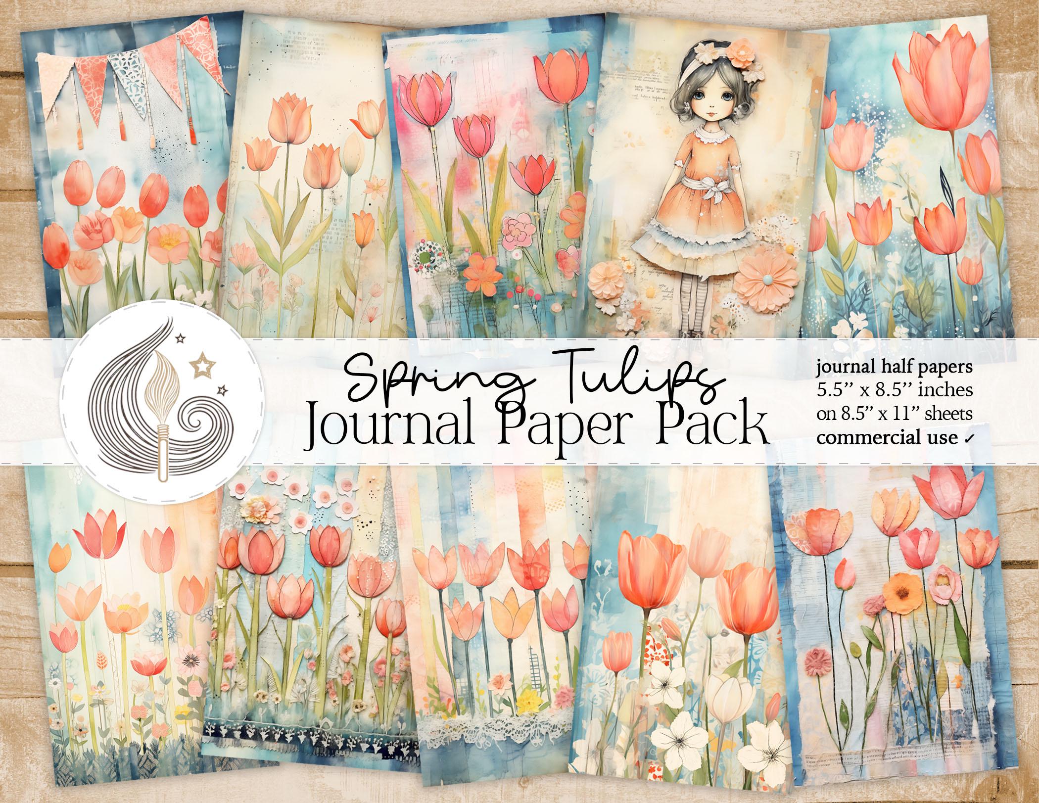 春のチューリップのジャンクジャーナルページ：花と女の子のパステル