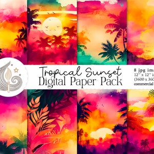 Tropical Sunset Digital Paper | Tropical Backgrounds | Commercial Use | Scrapbooking | Watercolor Sunset Background | Instant Download
