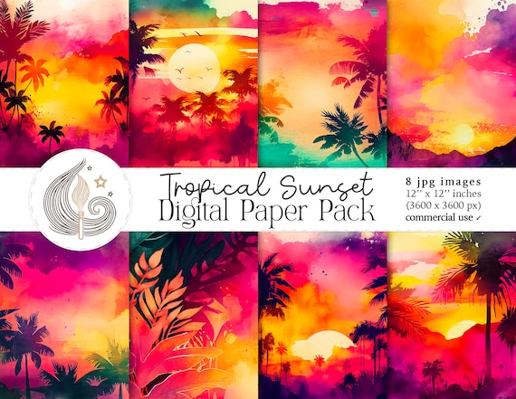 Tropical Sunset Digital Paper Pack: Vibrant Watercolor Beach Backgrounds