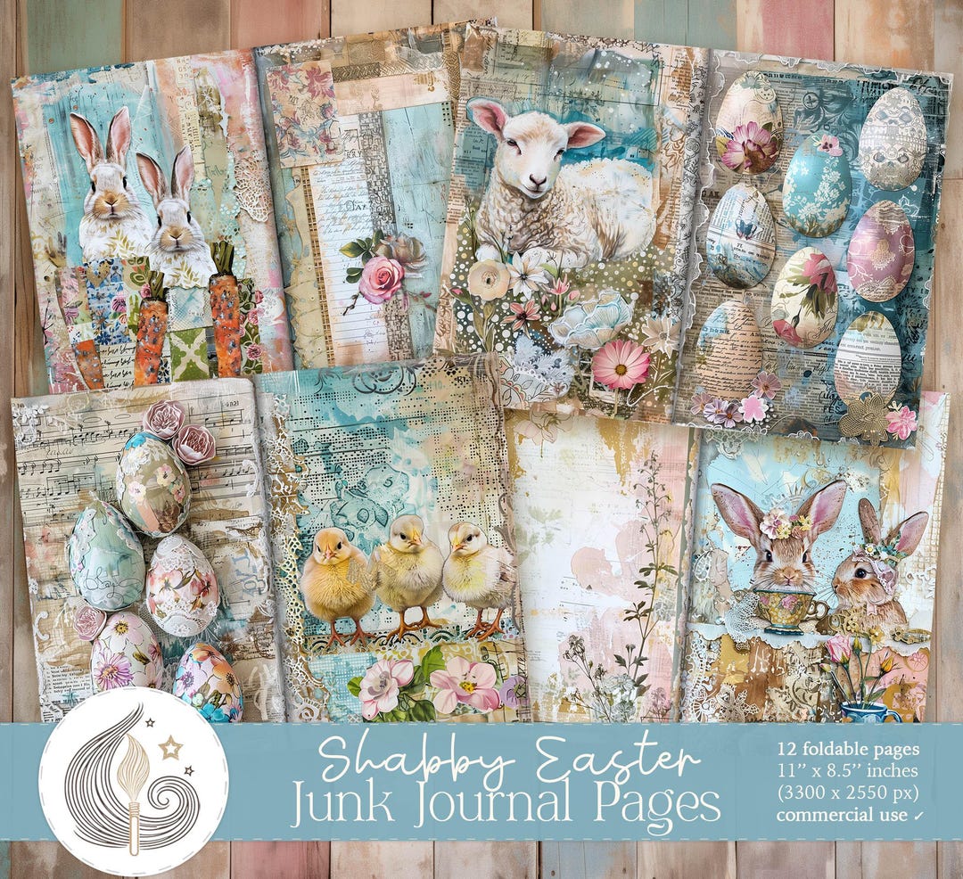 Shabby Easter Junk Journal Pages: Pastel Papers With Eggs Rabbits ...