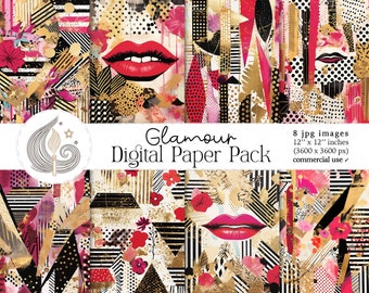 Glamour Digital Paper Pack: Mixed Media Fashion Backgrounds with Gold & Patterns