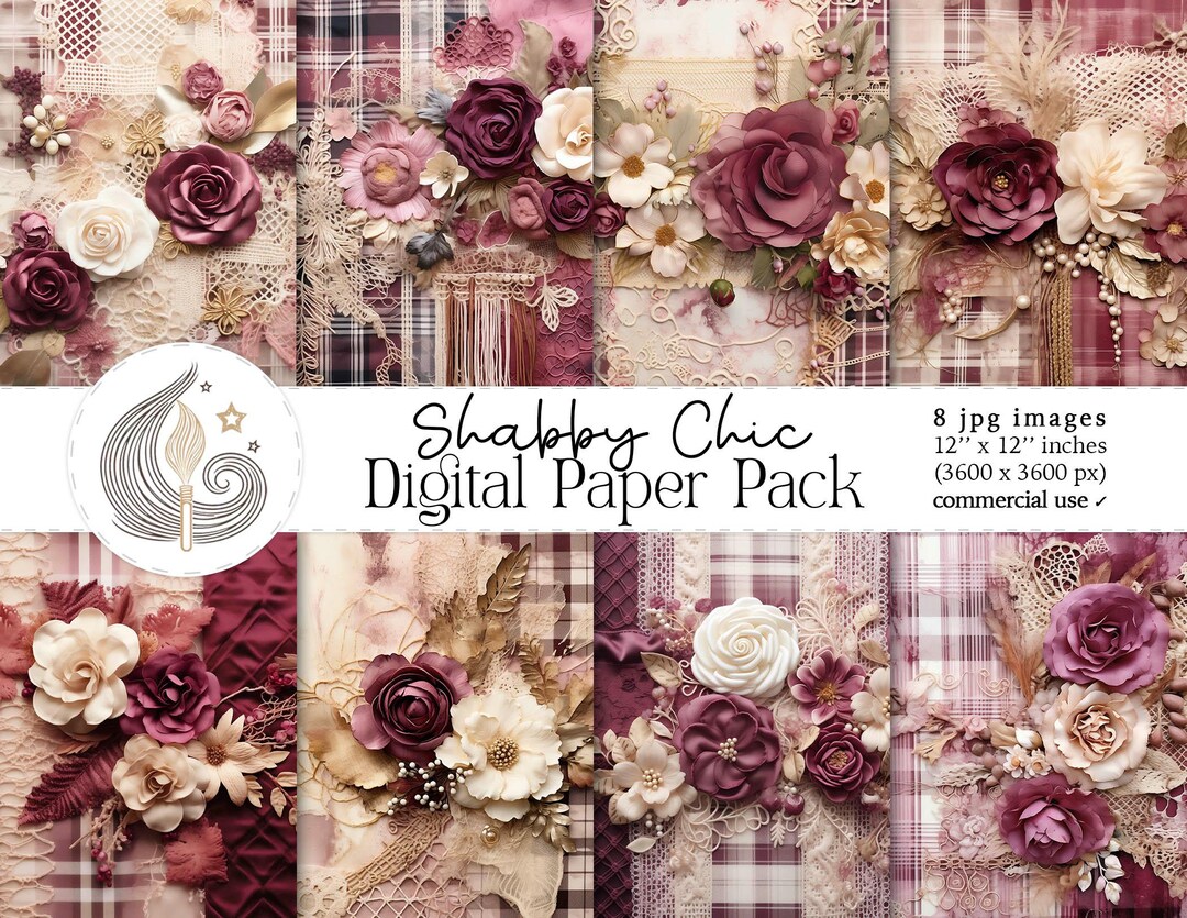 Shabby Chic Digital Paper Pack: Burgundy Roses & Lace Collage in ...