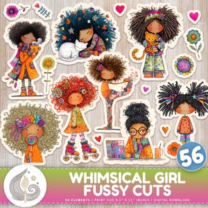 Whimsical Girl Fussy Cuts: Quirky Printable Ephemera Pack in Bright Colorful Tones