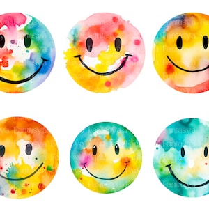 Watercolor Smiley Faces Clipart Pack: Colorful Happy Faces (PNG) - Etsy