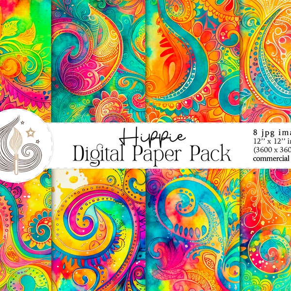 Hippie Digital Paper | Psychedelic Pattern | Boho Scrapbook Paper | Printable Paper | Commercial Use | Rainbow | Colorful | Vibrant