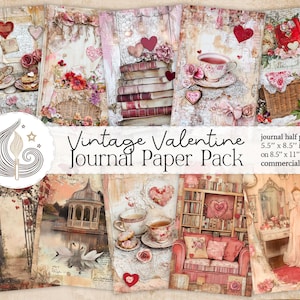 Vintage Valentine Journal Papierpackung | Romantisches Collage Kit | Shabby Chic Seiten | Rosa Herzen Ephemera | Druckbares Scrapbook Papier