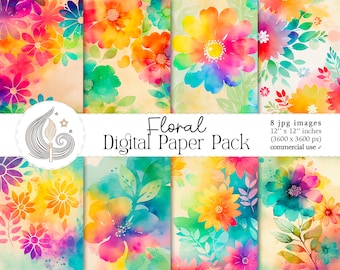 Floral Digital Paper Pack: Bold Watercolor Flower Backgrounds in Warm and Bright Tones