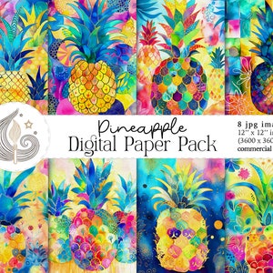 May include: A digital paper pack with 8 watercolor pineapple designs. Each design features a vibrant pineapple with colorful details and gold accents. The designs are 12 inches by 12 inches and are perfect for commercial use.