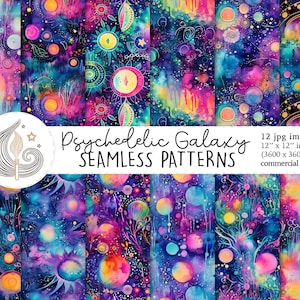 Peut inclure: Douze motifs sans couture de galaxie psychédélique, chacun de 30,48 cm x 30,48 cm. Les motifs présentent un mélange de couleurs vives, notamment le violet, le bleu et le jaune, avec des éléments célestes et abstraits. Usage commercial autorisé.