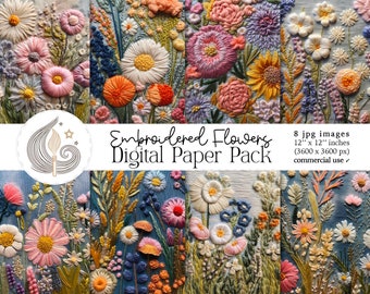 Embroidered Flowers Digital Paper Pack: 3D Textured Textile Floral Backgrounds