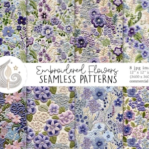 Nahtloses florales Stoffmuster | Kommerzielle Nutzung | 3D-nahtlose Blumen-Digital-Papier | Feminine lila Blumenstickerei | Basteln | Zum Selbermachen