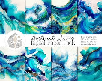 Abstract Waves Digital Paper Pack: Watercolor Ocean Flow Backgrounds