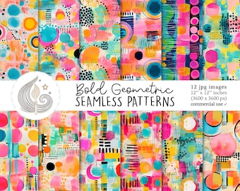 Bold Geometric Seamless Patterns: Colorful Retro Digital Paper Pack with Modern Shapes
