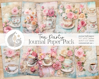 Tea Party Junk Journal Pages: Vintage Papers with Cups, Saucers, and Lace