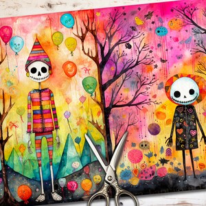 May include: A watercolor painting of two skeletons in a whimsical forest setting. One skeleton is wearing a colorful striped costume and a pointed hat, while the other is wearing a black coat with hearts and a crown. Both skeletons are surrounded by colorful balloons and flowers.