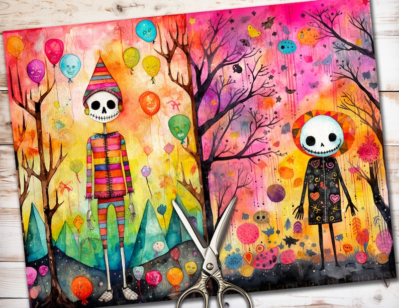 May include: A watercolor painting of two skeletons in a whimsical forest setting. One skeleton is wearing a colorful striped costume and a pointed hat, while the other is wearing a black coat with hearts and a crown. Both skeletons are surrounded by colorful balloons and flowers.
