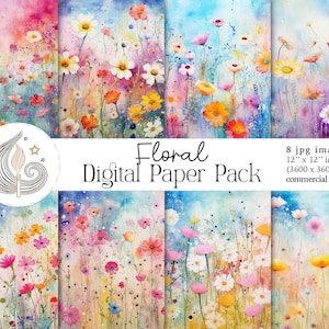 Op de afbeelding: Een digitaal papierpakket met 8 aquarelbloemmotieven. Elk motief toont een veld met kleurrijke bloemen op een zachte, dromerige achtergrond. De motieven zijn 12 inch bij 12 inch en perfect voor knutselen en scrapbooking.