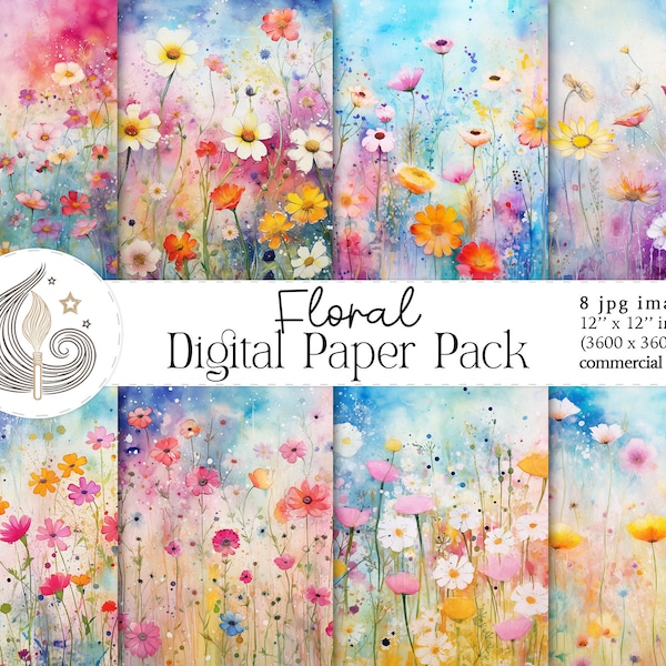 Floral Watercolor Digital Paper | Wildflower Digital Paper | Printable Digital Paper Set | Commercial Use | Card Making | Crafting