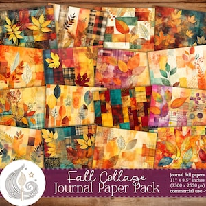 Puede incluir: Un collage digital de 16 papeles de diario con temática otoñal que presentan hojas de acuarela, patrones de cuadros y formas geométricas en tonos naranja, amarillo, rojo, marrón y verde. Los papeles miden 11 pulgadas por 8,5 pulgadas y son para uso comercial.