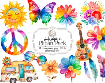 Hippie Clipart | Retro Clipart | 60's 70's Groovy Boho Clipart | Flower Power | Watercolor | Commercial Use | Digital Download | Png