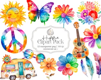 Hippie Clipart Retro Set 60s 70s Decor Instant Download Commercial Use Hippie Van Peace Sign Graphics