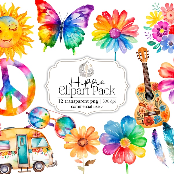 Hippie Clipart | Retro Clipart | 60's 70's Groovy Boho Clipart | Flower Power | Watercolor | Commercial Use | Digital Download | Png