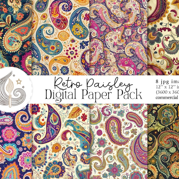 Retro Paisley Digital Paper | Commercial Use | Decorative Paper | Craft Projects | Groovy | Hippie | Vintage | Digital Backgrounds