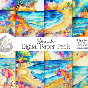 Beach Digital Paper Pack | Watercolor Summer Background | Commercial Use | Colorful | Seaside | Coastal | Boho | Ocean | Tropical