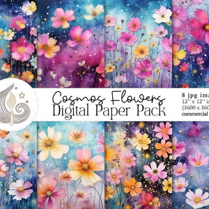 Florales Digitales Papier | Kosmos Blumen Aquarell | Druckbares digitales Papier | Kommerzielle Nutzung | Kartengestaltung | Basteln | Selbergemacht