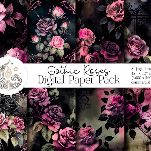 Gothic Roses Digital Paper | Watercolor Roses | Scrapbooking Paper | Digital Backgrounds | Printable Paper | Commercial Use