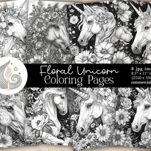Unicorn Printable Coloring Pages | Floral Unicorn Coloring Sheet | Grayscale Unicorn Digital Coloring Book For Girls Jpg Download
