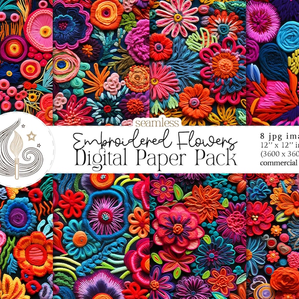 Embroidered Flowers Digital Paper | Floral Seamless File | Commercial Use | Repeating Pattern | Instant Download | Colorful | Modern