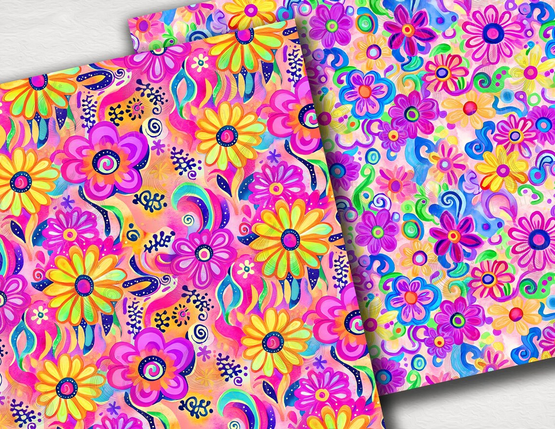 Floral Seamless Patterns: Retro Flower Power Digital Paper Pack With ...